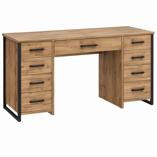 Bureau met 9 lades, eikenkleurig en zwart, 160 x 60 x 75 cm
