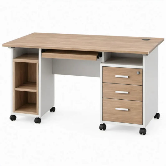 Bureau met 3 laden, toetsenbordlade, open vakken en wielen - 120 x 60 x 75 cm - Wit en licht eiken