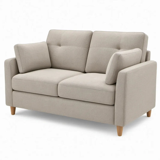 Beige 2-zitsbank van polyester met houten poten, 142 x 78 x 84 cm