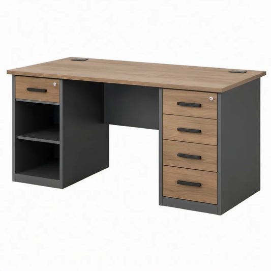 Bureau 140 x 60 x 75 cm met 5 laden, open vakken en kabeldoorvoeren 鈥?Eikenkleurig/Antraciet