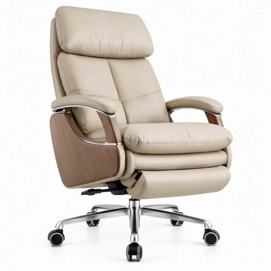 Beige bureaustoel met uitschuifbare voetensteun, verstelbare rugleuning en walnootbruine panelen, 68 x 70 x 118-128 cm